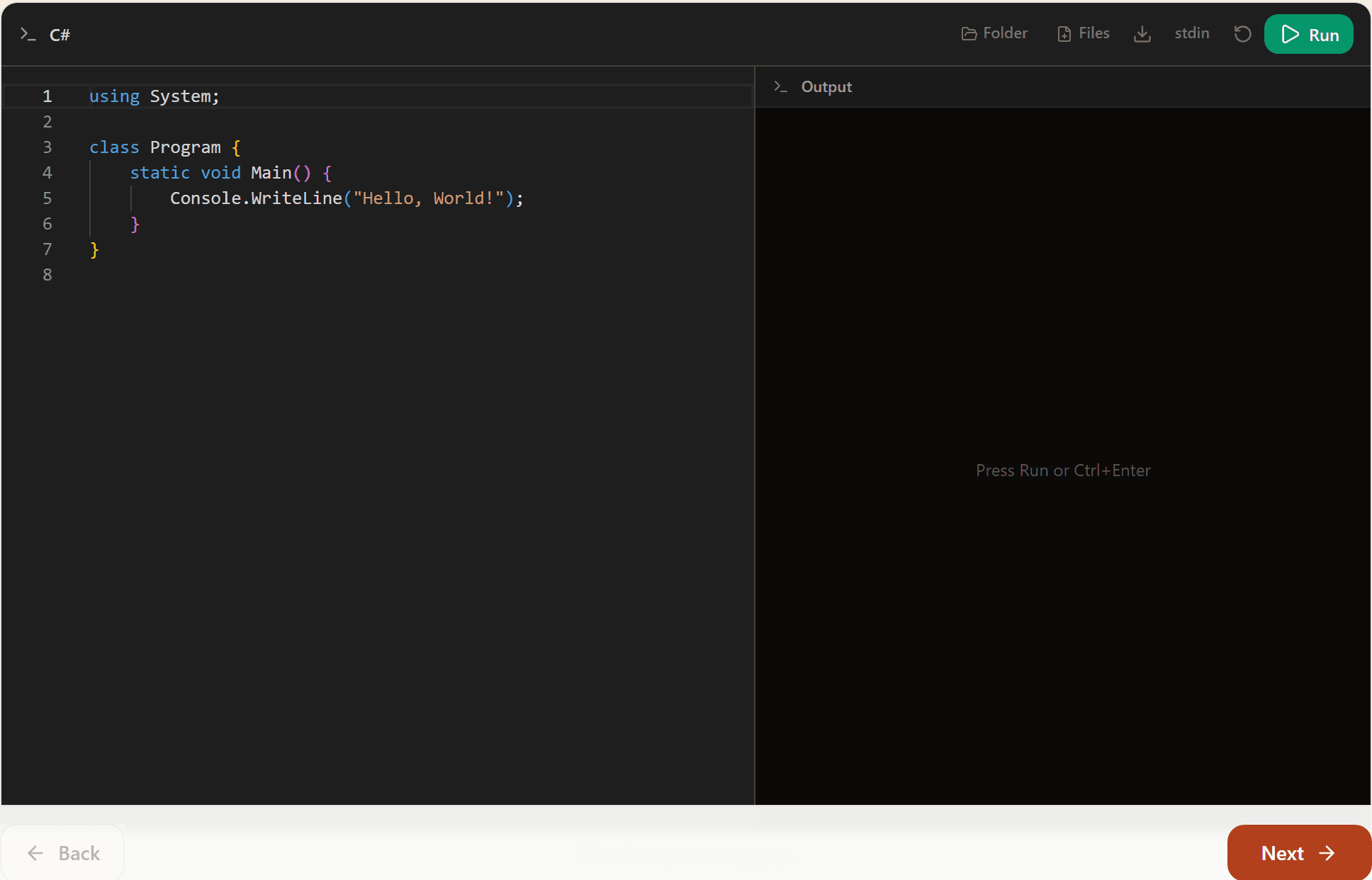 The KAT code playground: a syntax-highlighted code editor with a Run button and a live output panel.