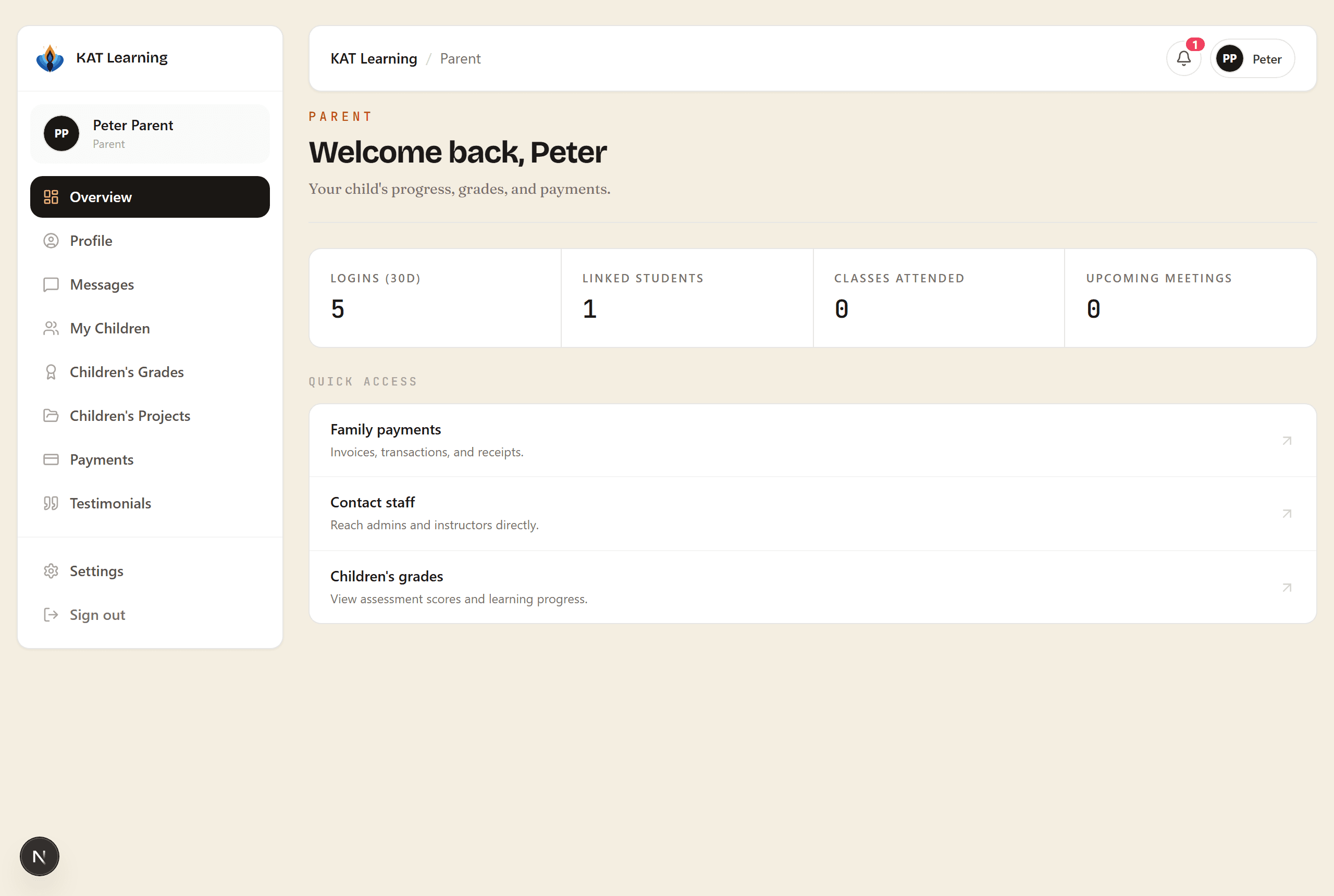 The KAT parent dashboard showing logins, linked children, classes attended, and quick links to grades and payments.